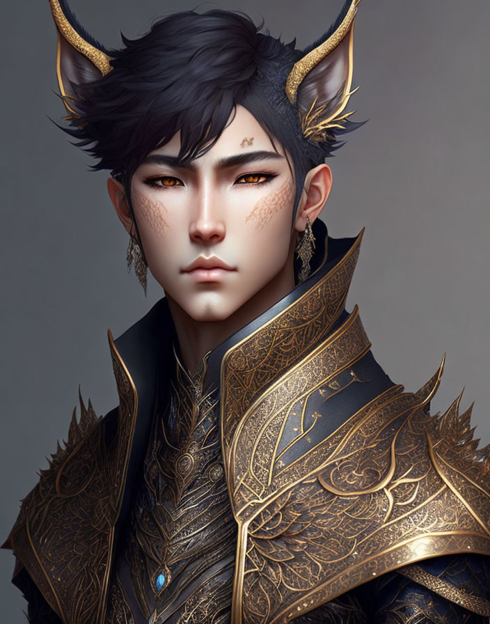 Fantasy character with horns and golden armor in mystical setting
