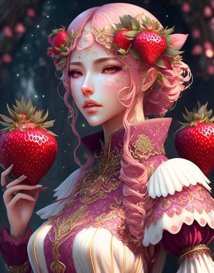 Fantastical female figure with pink hair and giant strawberry in whimsical, dark backdrop
