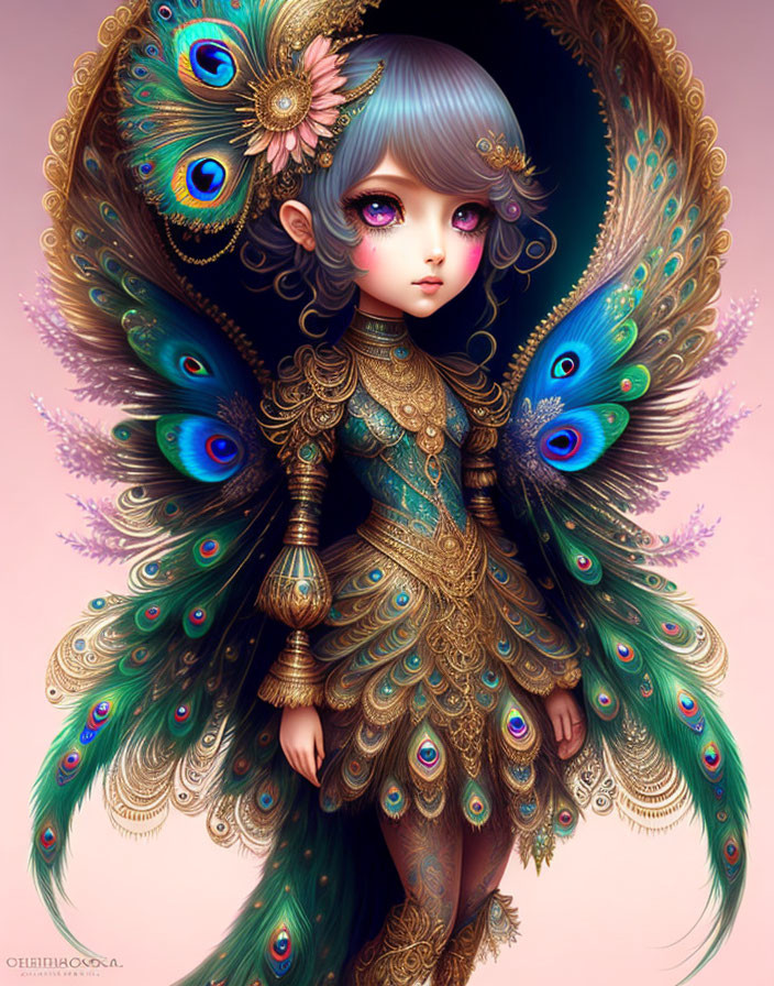 Fantasy character with peacock feather wings and ornate attire on pink background