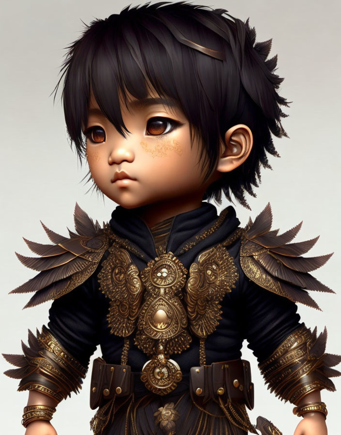 Child in fantasy armor with large expressive eyes