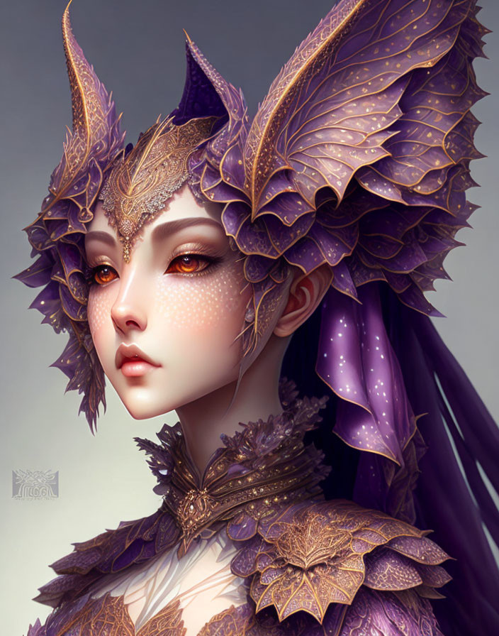Fantasy illustration of person with elfin features in ornate purple and gold attire