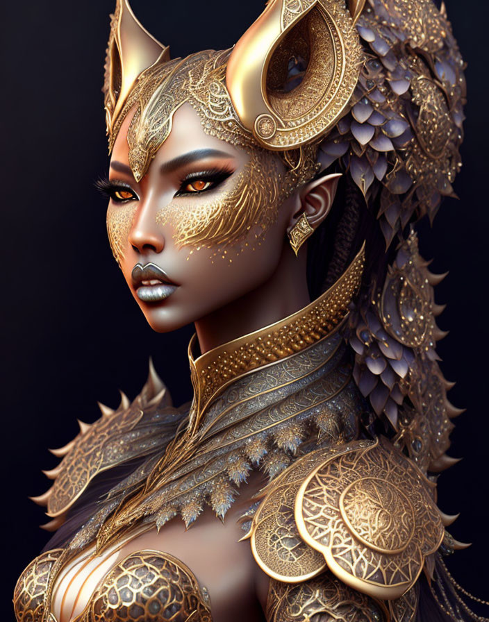 Fantasy female figure in golden dragon scale armor and feline headdress