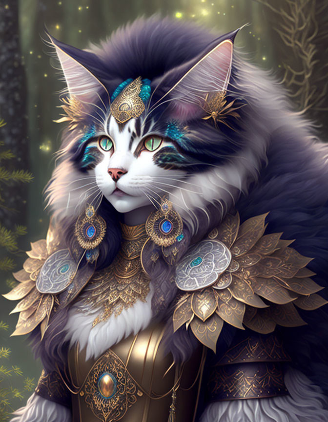 Majestic cat in golden and turquoise armor in mystical forest