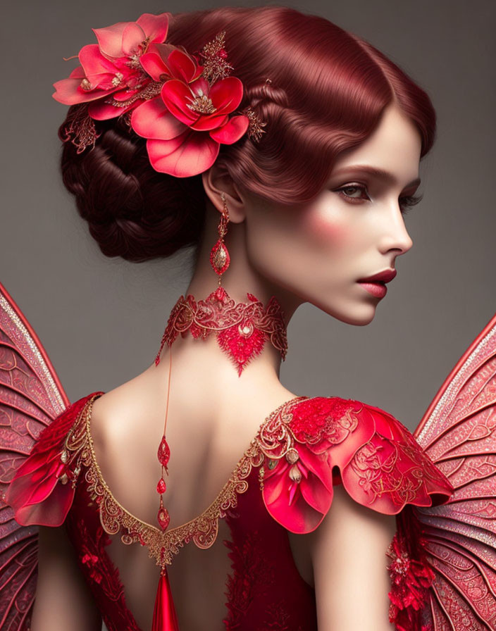 Woman with Red Floral Hairstyle, Lace Dress, and Butterfly Wings