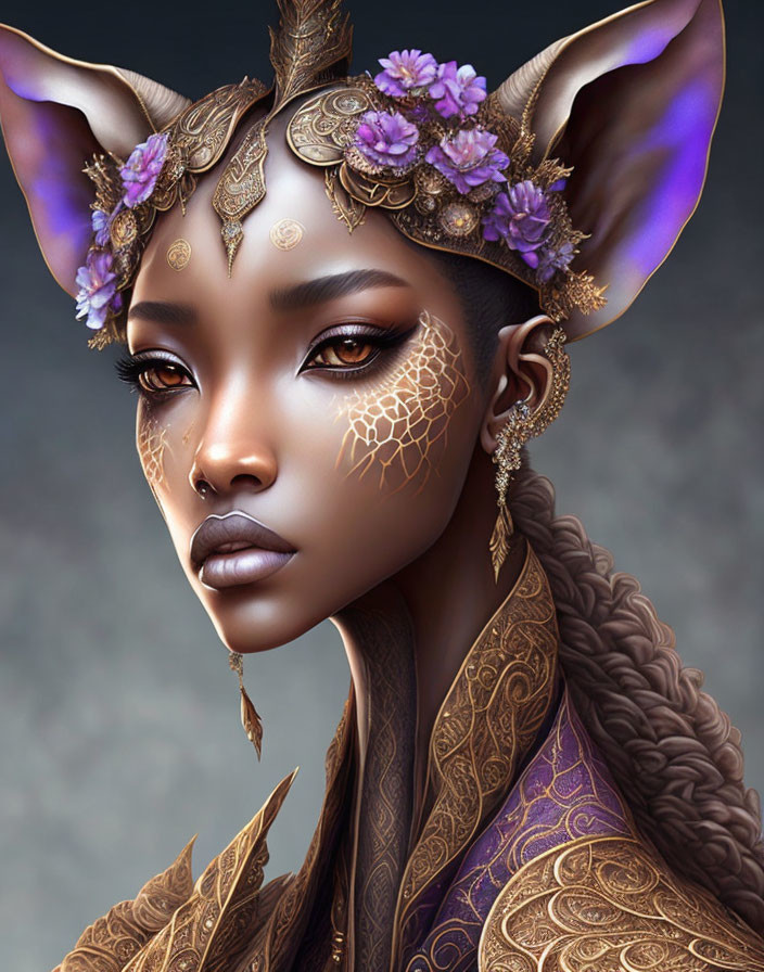 Fantasy digital artwork of female character with elven ears and intricate headdress