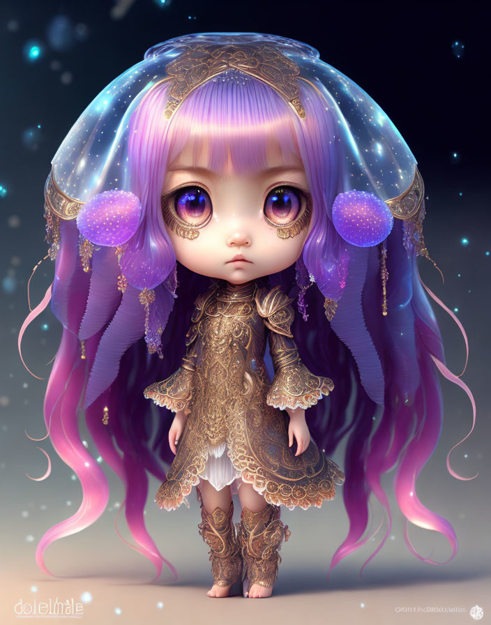 Fantasy character with galaxy hair & ornate attire.