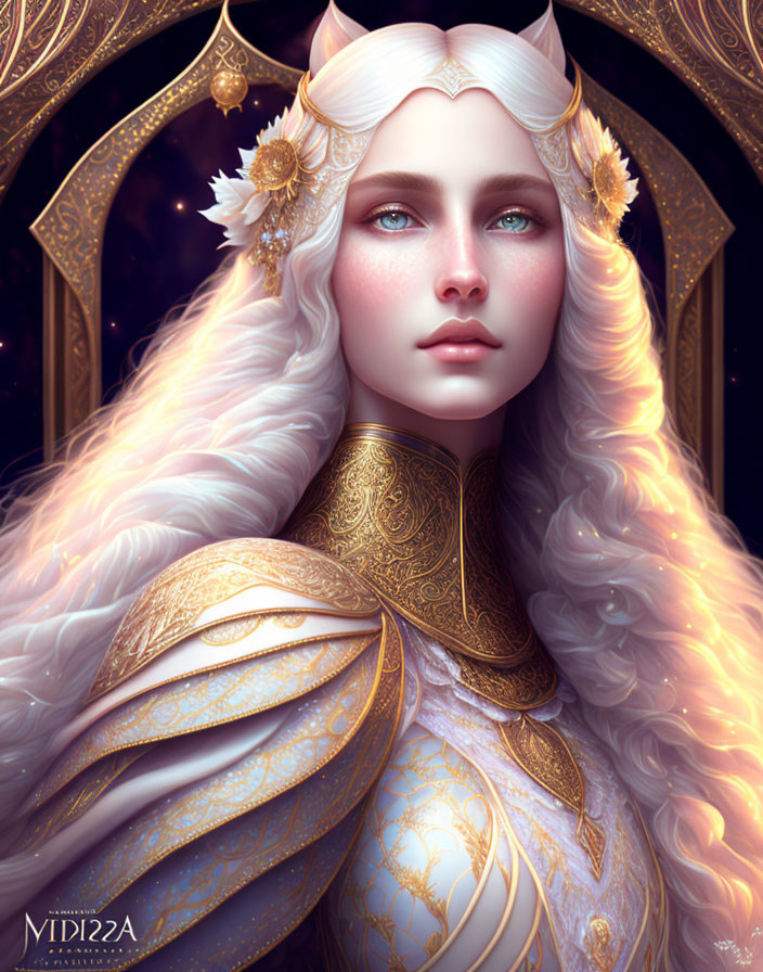 Majestic fantasy queen with white hair and golden tiara in ornate robes