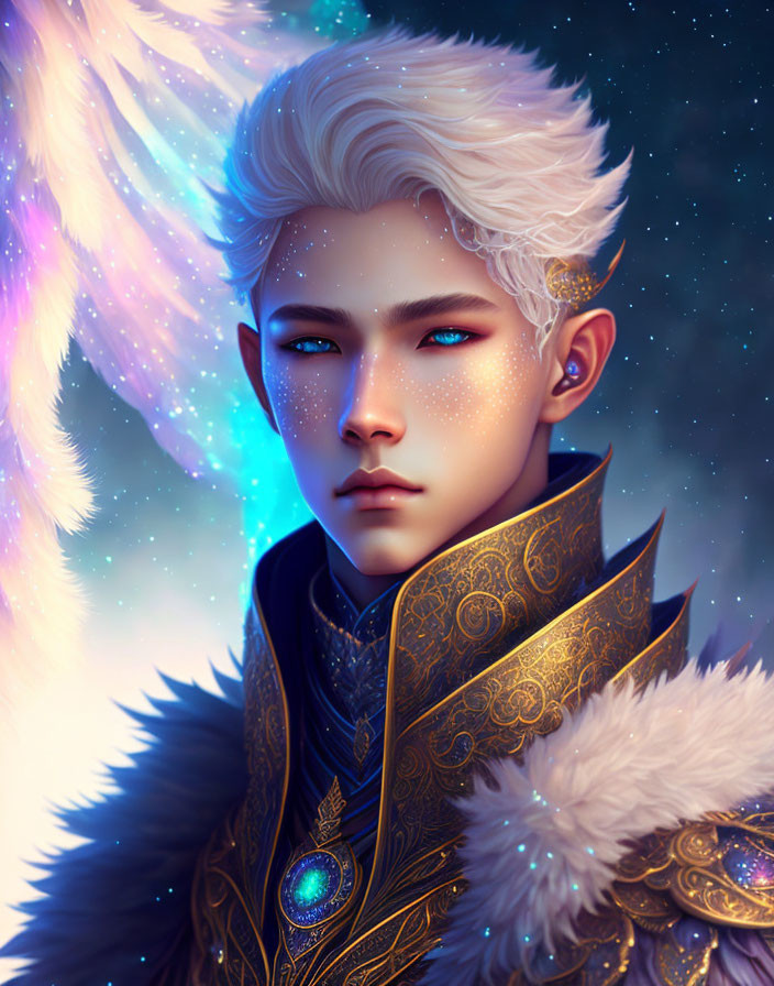 Fantasy male character with white hair, blue eyes, gold jewelry, ornate armor