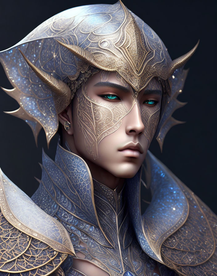 Fantastical character portrait with golden leaf armor and piercing blue eyes