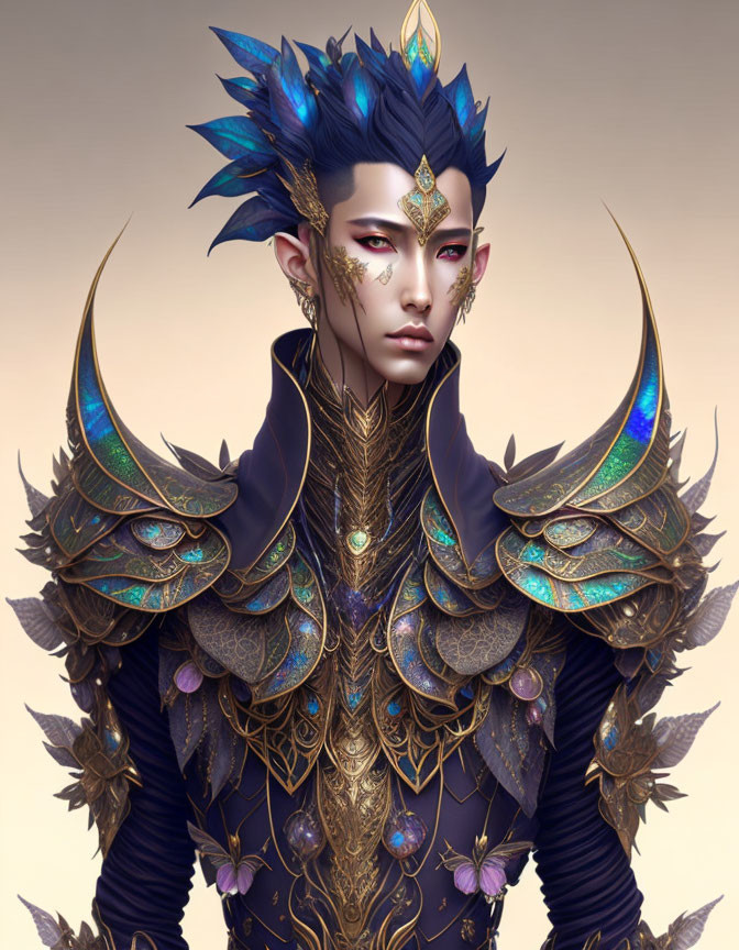 Blue Spiked Hair, Golden Facial Jewelry, Elaborate Blue & Gold Shoulder Armor with Wing Designs