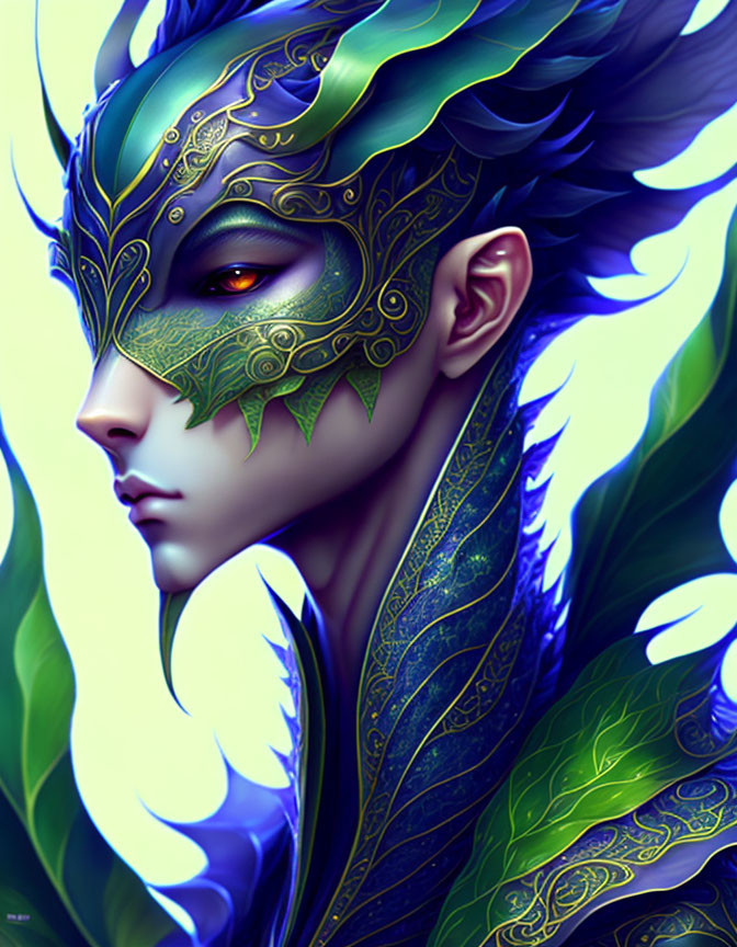 Person wearing dragon-like mask with green and gold colors and intricate details