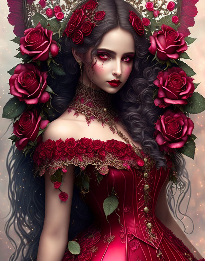 Gothic woman in red corset dress with dark hair and roses