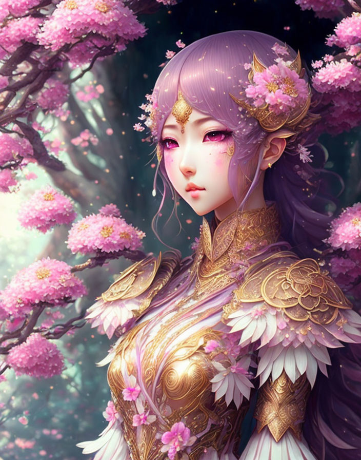 Purple-haired female character in golden armor among pink blossoms