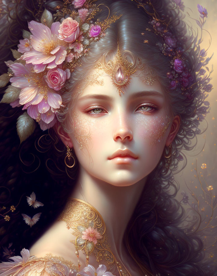 Ethereal woman with floral hair adornments and golden jewelry