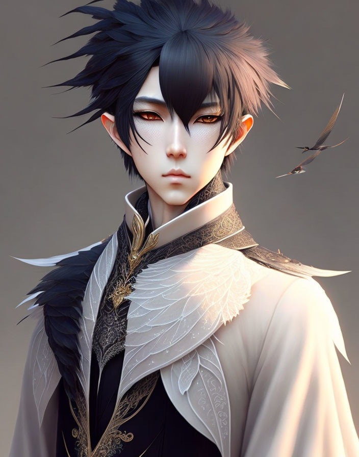 Illustrated character with black spiky hair and golden eyes in dark, ornate clothing.