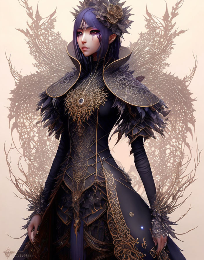 Illustrated Female Character in Black and Gold Dress with Purple Hair