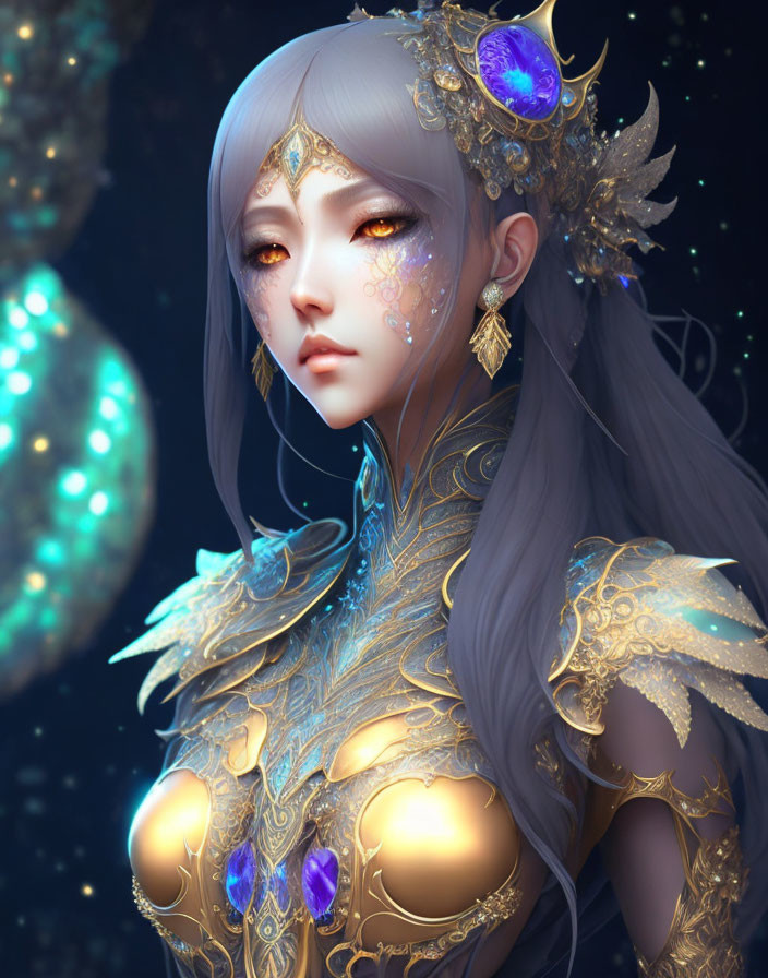 Fantasy illustration of pale woman in gem-encrusted armor on starry background