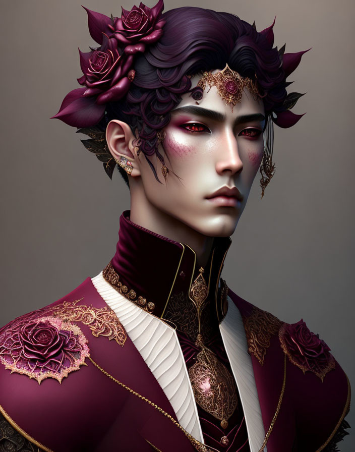 Digital portrait of a person adorned with intricate floral designs, dressed in burgundy with gold accents.