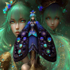 Blue-haired female figure with gold headdress in mystical forest scene