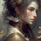 Intricate gold jewelry and floral adornments on woman in digital art portrait