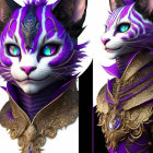 Regal anthropomorphic cat with blue and purple fur in ornate outfit