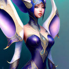 Fantasy Female Character in Blue and Gold Armor with Pointed Ears
