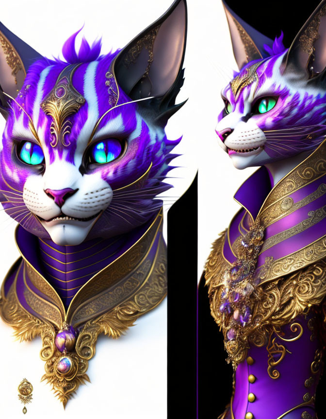 Regal anthropomorphic cat with blue and purple fur in ornate outfit