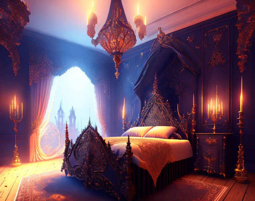 Luxurious Royal Bedroom with Canopy Bed, Chandeliers, and Arched Window