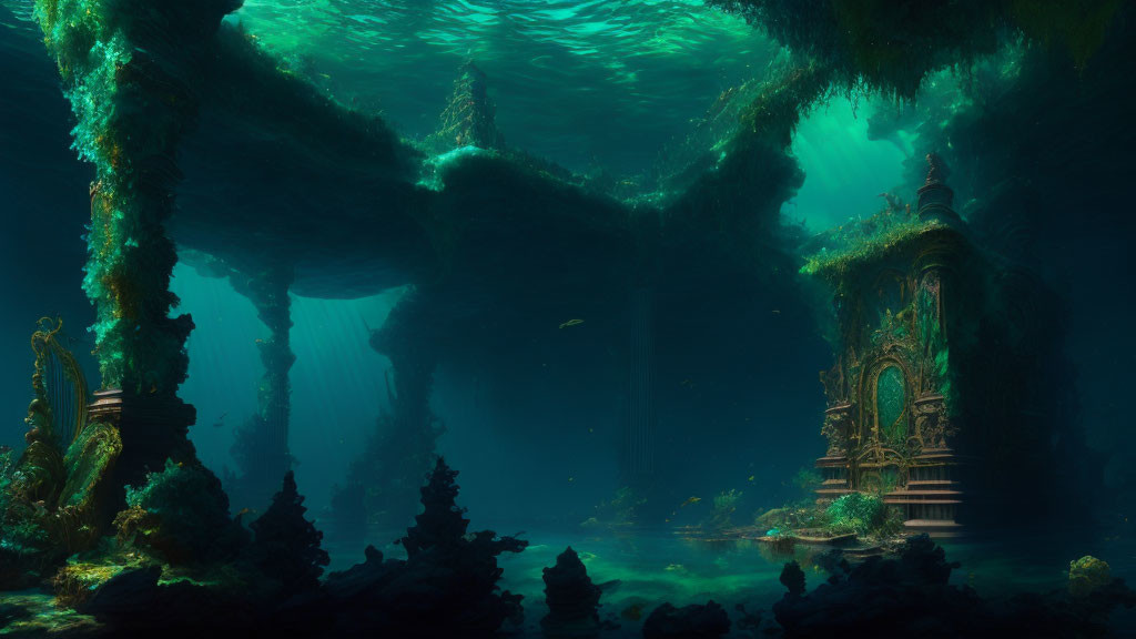 Sunlit green algae, ancient ruins, fish silhouettes in serene underwater scene
