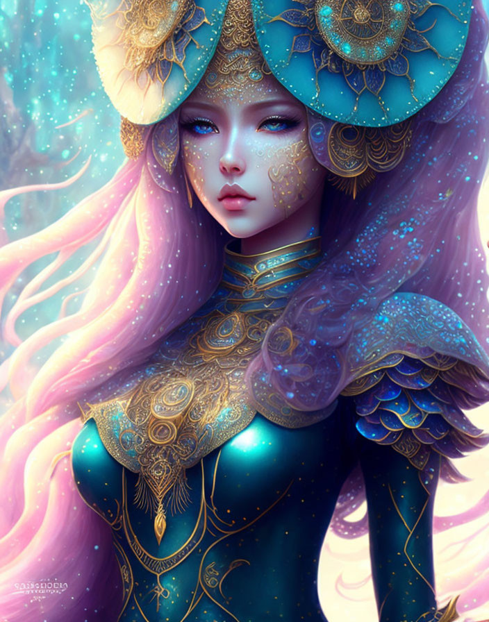 Detailed Illustration of Female Figure with Pink Hair and Teal Armor