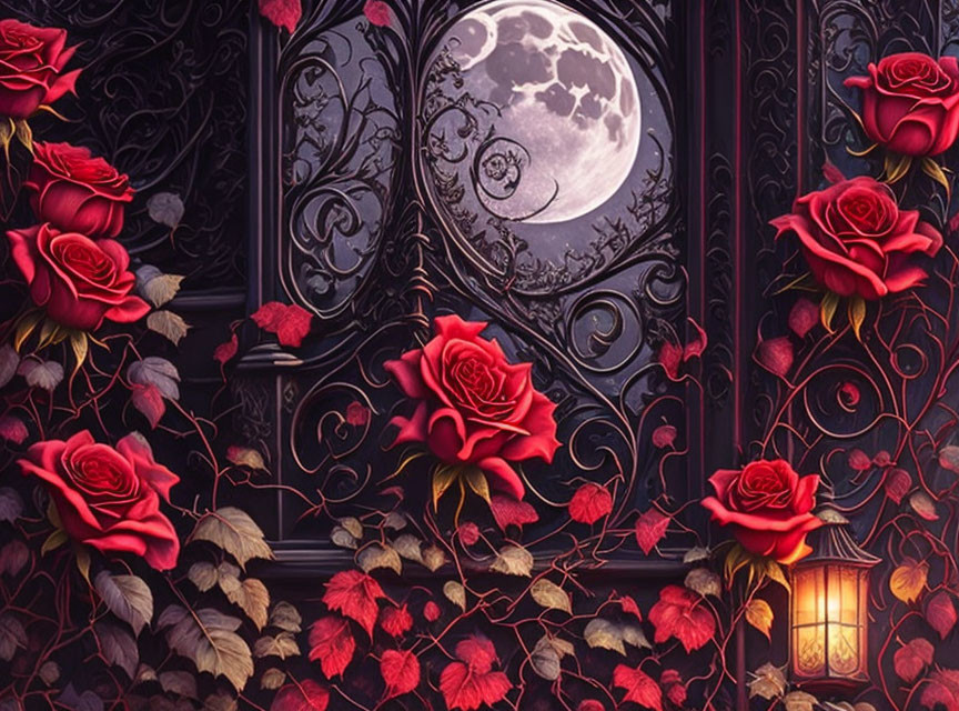 Intricate Gothic-style door with red roses and vines under full moon
