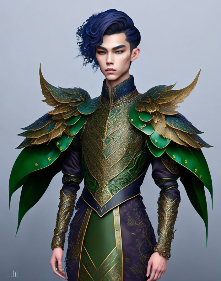 Illustration of person in blue hair, ornate golden-green armor with feather-like shoulder plates.