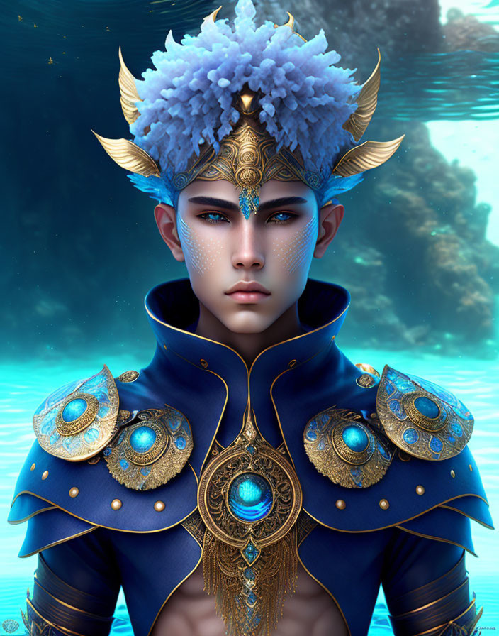 Fantastical male figure with blue skin and ornate gold and blue crown and armor