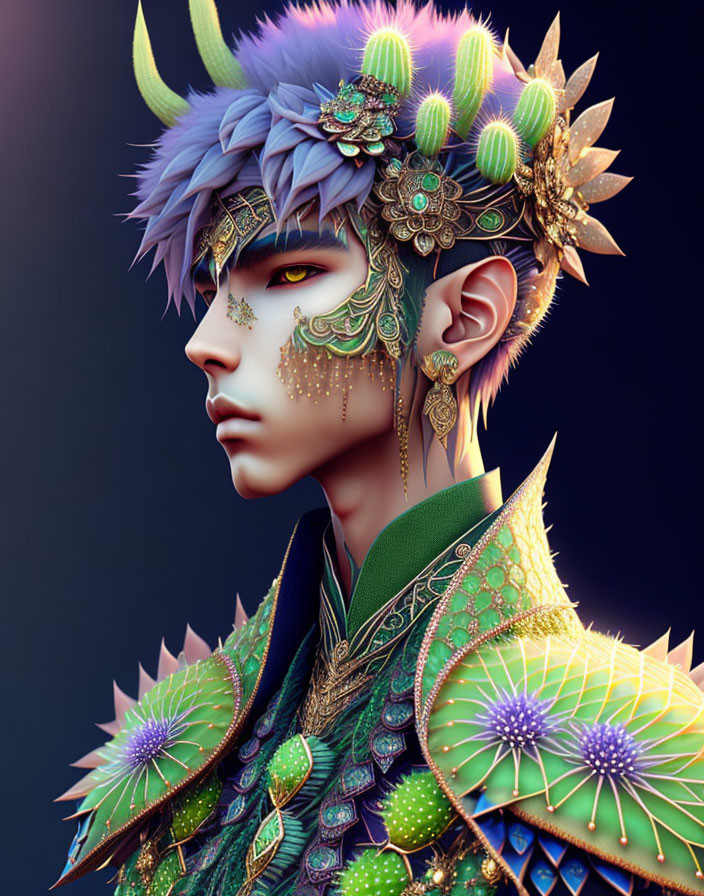 Character with Purple Hair and Elaborate Jewelry in Cactus Headdress