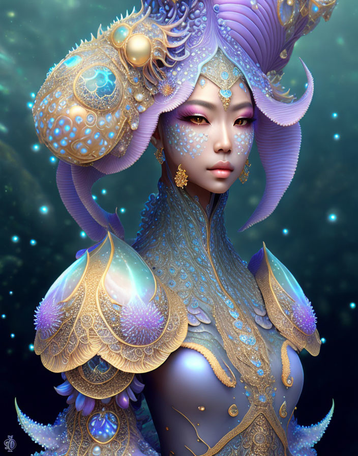 Illustrated Female Figure in Gold and Blue Armor with Pearls and Ethereal Makeup