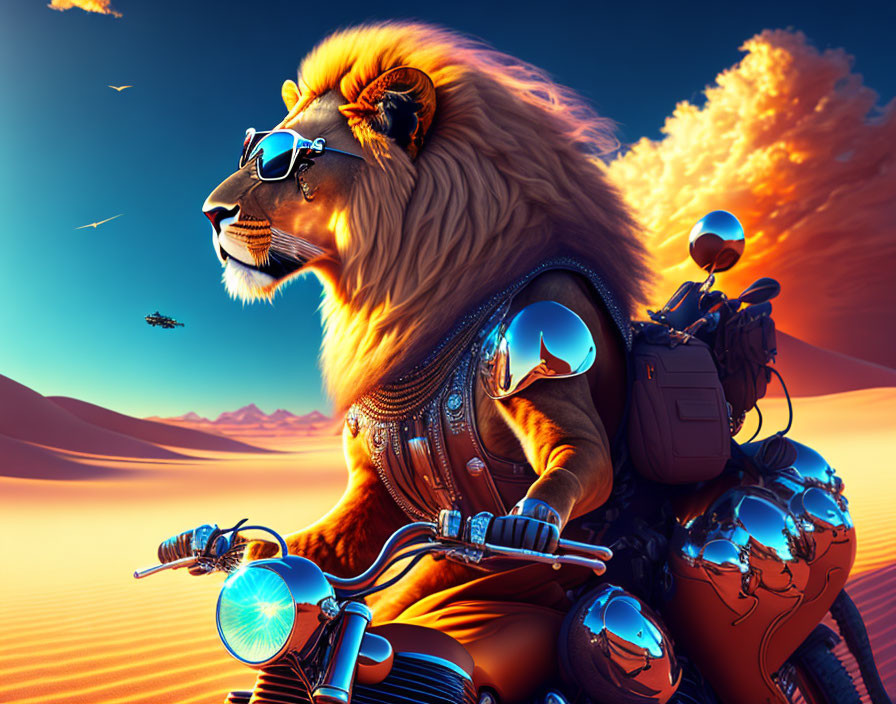 Stylized lion on motorcycle in desert at sunset with birds and aircraft