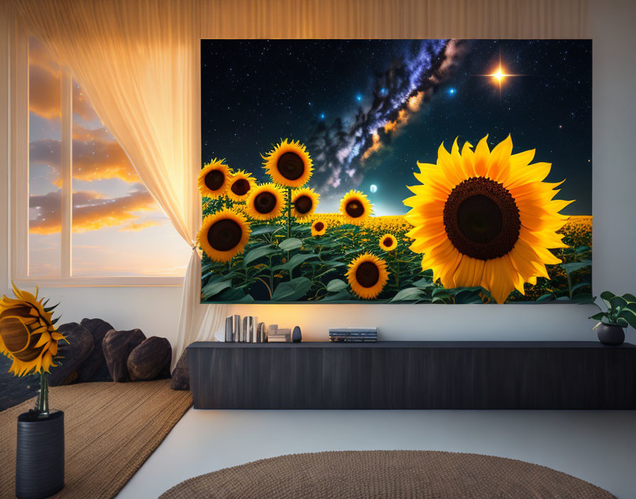 Sunset-themed cozy room with large TV screen showing vibrant sunflowers, vase on shelf, warm window