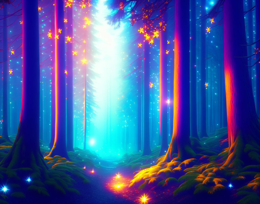 Enchanting forest scene with glowing lights and stars in blue and purple hues