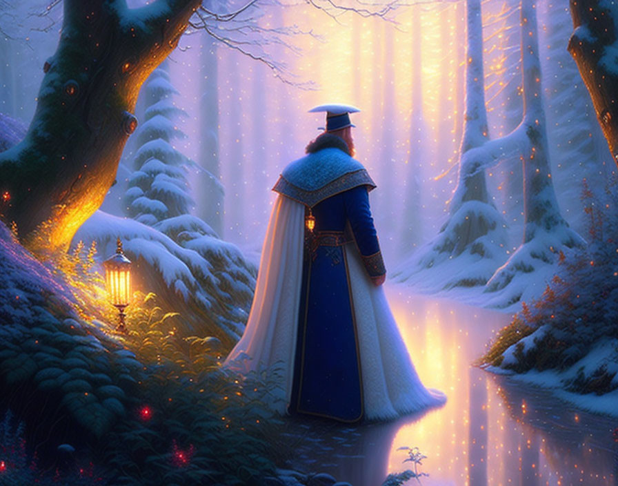 Cloaked figure in snow-covered enchanted forest with magical light.