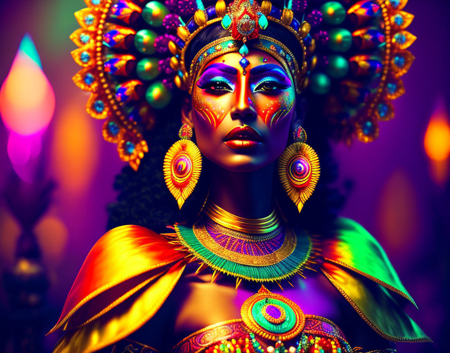 Vibrant illustration of woman with elaborate jewelry and headdress