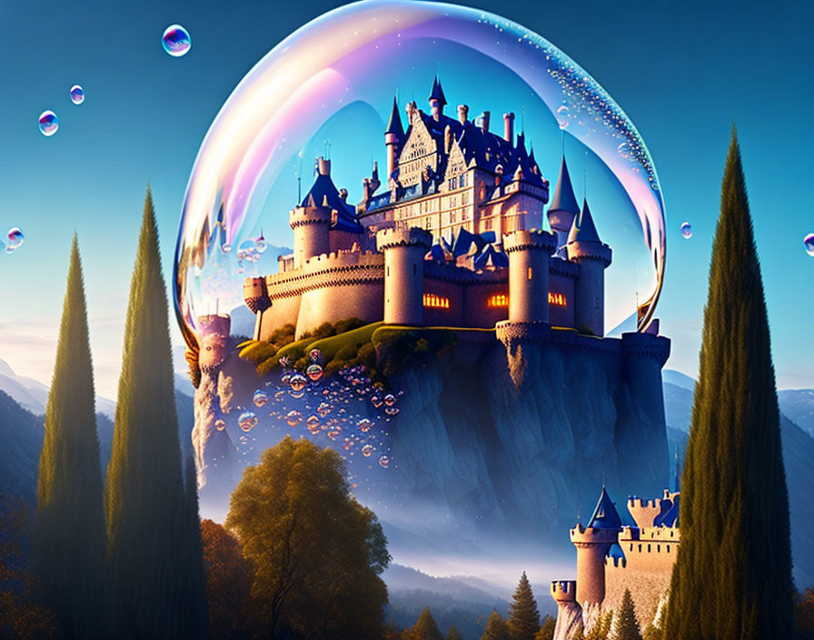 Enchanted castle in bubble with floating bubbles on cliff at sunset