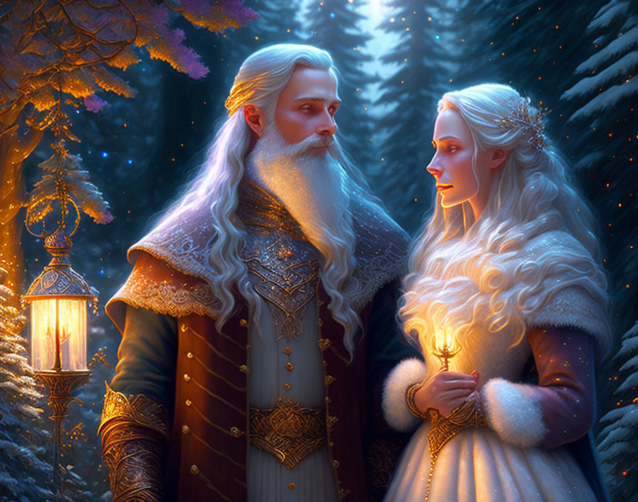 Regal elf couple in snowy forest with lantern and glowing attire