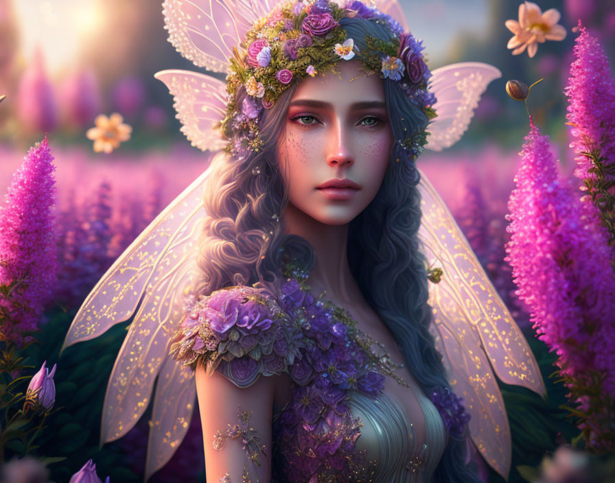 Translucent-winged fairy with floral crown in vibrant meadow