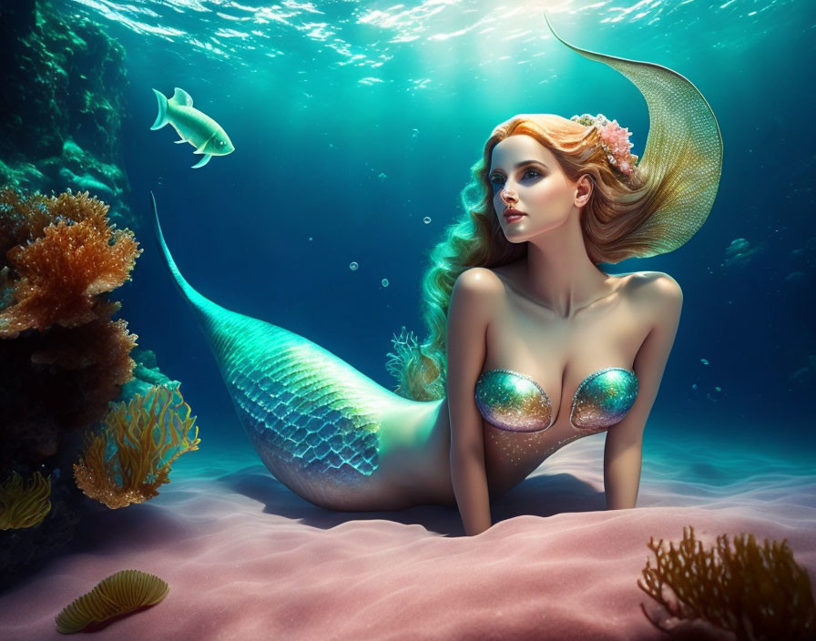Mermaid digital illustration with flowing hair and shimmering tail among ocean coral.