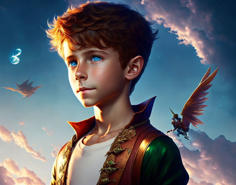 Digital art: Young boy with blue eyes, fairy, dragon, crescent moon in fantasy sky