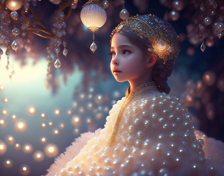 Young girl in ornate gold headdress and pearl attire under glowing lanterns