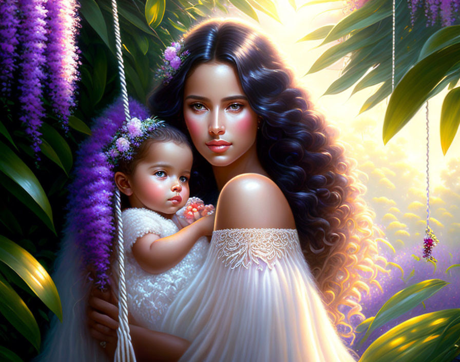 Portrait of woman and baby in greenery with purple flowers