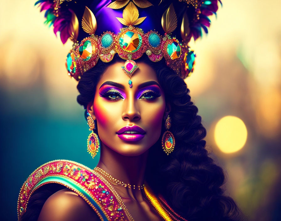 Elaborately Decorated Headgear and Vibrant Makeup with Colorful Jewels