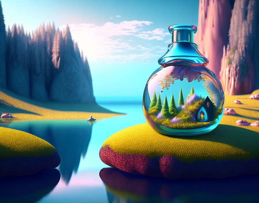 Transparent potion bottle with miniature house on lily pads landscape