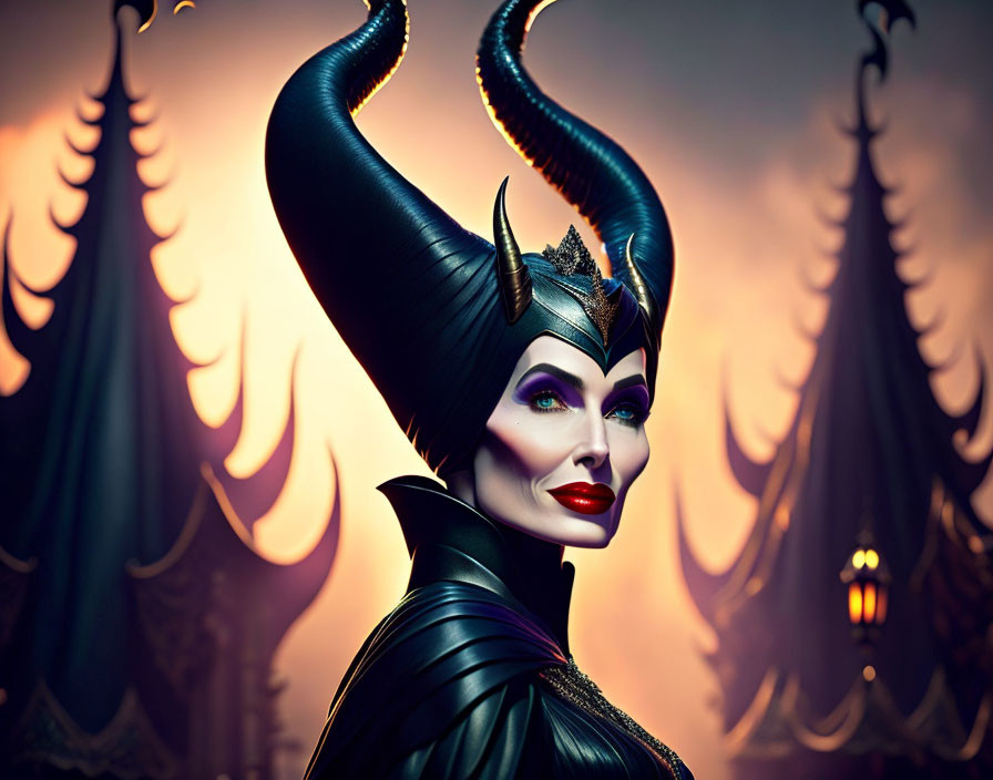 Female character with prominent cheekbones in dark horned headdress against fiery backdrop.